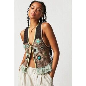Free People Vest Desert Rose Crochet Fringe Boho Hippie Retro Small NWOT